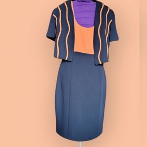 SOPHISTICATE  WOMENS SIZE 10 NAVY BLUE AND ORANGE DRESS WITH JACKET